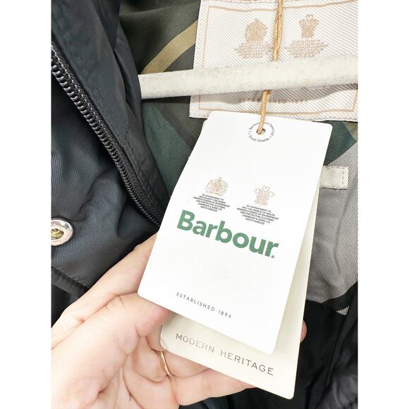 Barbour Cassius Quilted Hooded Coat in Black/Ancient Fern Tartan Size 6 NWT - Picture 6 of 6